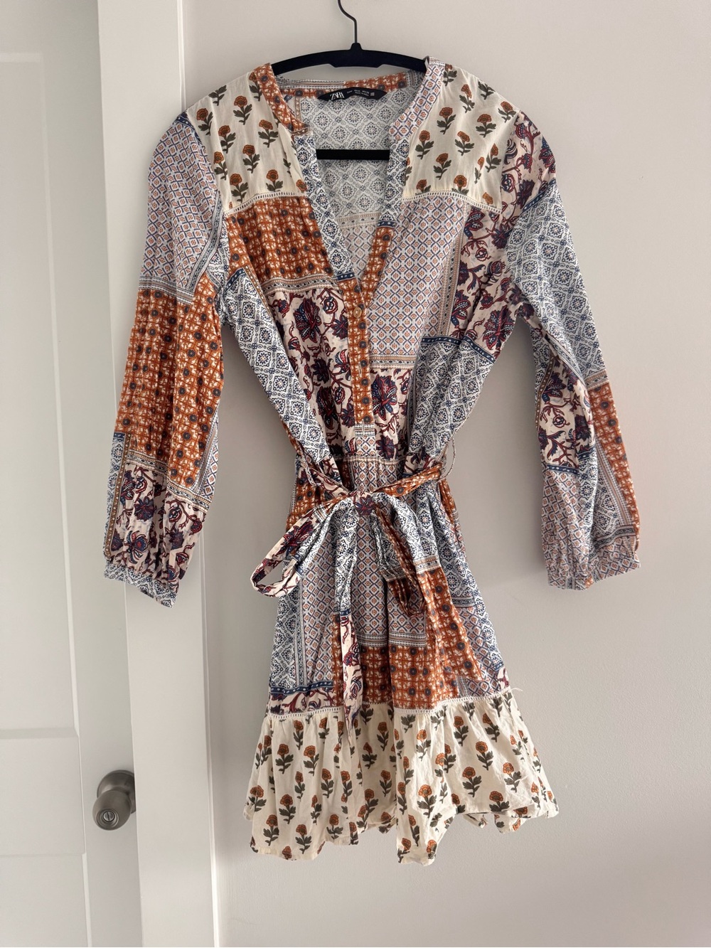Zara Fall Boho Mini Dress- Tie Waist- size M